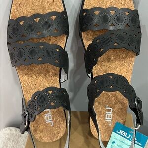 JBU Women's Black Laser-Cut Cork Footbed Sandals with Buckle Strap